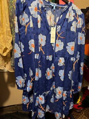 Draper James Navy Blue Floral Tiered Long Sleeve Dress